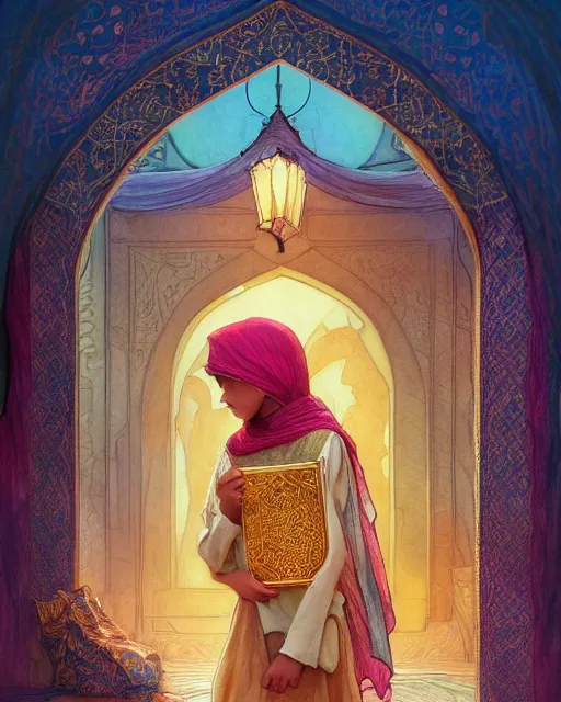 Image similar to a bedouin child infront of an big open quran highly detailed, gold filigree, romantic storybook fantasy, soft cinematic lighting, award, disney concept art watercolor illustration by mandy jurgens and alphonse mucha and alena aenami, pastel color palette, featured on artstation