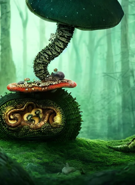 Image similar to intricate mechanical caterpillar sitting on top of a mushroom in a magical forest. Very detailed 8k. Fantasy cyberpunk horror. Sharp. Cinematic post-processing