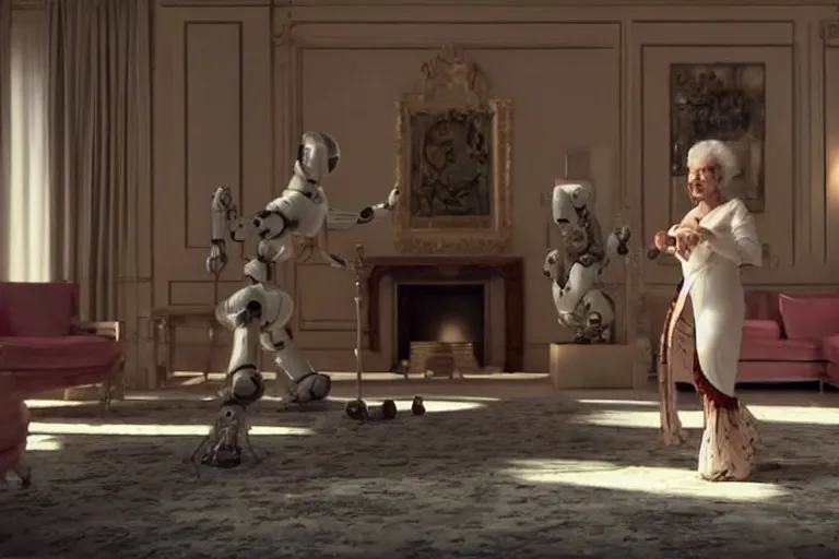 Image similar to VFX movie of old woman dancing with futuristic robot in a decadent living room by Emmanuel Lubezki