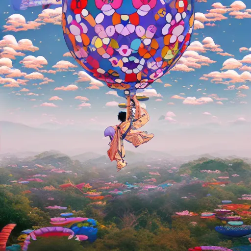 Image similar to a man walking on clouds away from the camera above kyoto by takashi murakami, beeple and james jean, aya takano color style, 4 k, super detailed, modern, 4 k, symmetrical