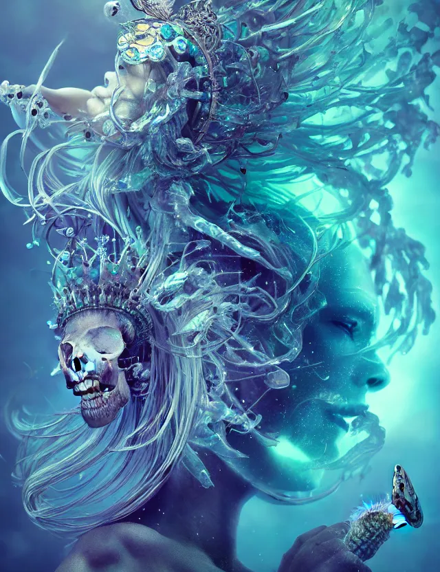 Image similar to goddess macro close - up portrait wigh crown made of ram skull. betta fish, jellyfish phoenix, bioluminiscent, plasma, ice, water, wind, creature, super intricate ornaments artwork by tooth wu and wlop and beeple and greg rutkowski