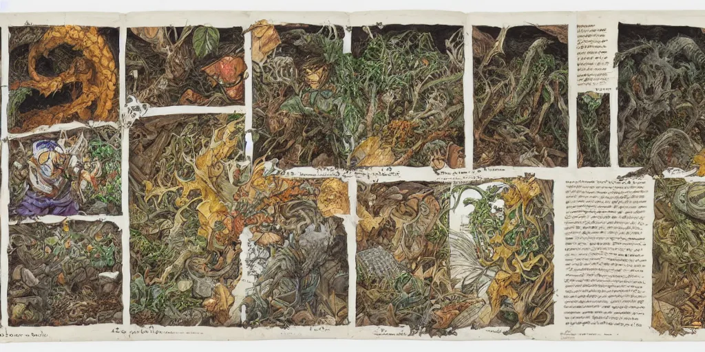 Image similar to high resolution scan of the pages of the cursed herbarium, by akira toriyama, by john howe