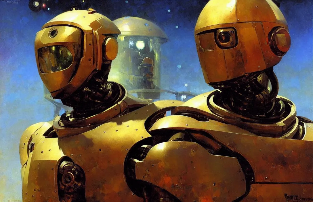 Prompt: portrait of futuristic space robot!!!!!!!!!!!!!!!!!!!!!!!!!!!, detailed face, detailed painting,, epic lighting, by ilya repin, phil hale and kent williams