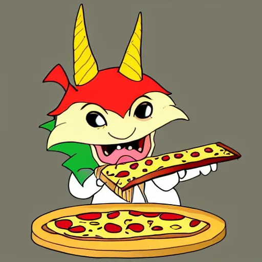 Image similar to A cute cartoon dragon eating pizza