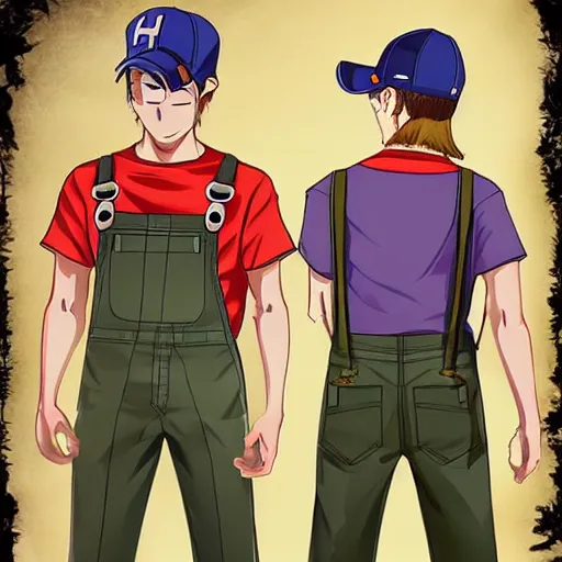 Prompt: Anime Hillbilly American excited protagonist wearing overalls and a baseball cap, concept art, highly detailed, high quality