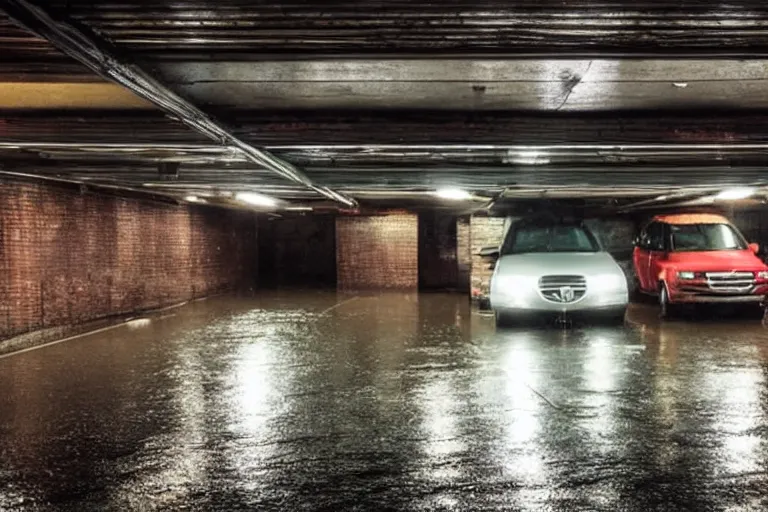 Prompt: views of underground car garage, new york downtown covered with rain, dark lighting, photo real