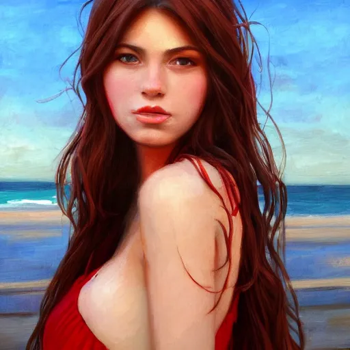 Prompt: woman with long dark brown hair wearing red clothing standing by the beach, beautiful, 8k, highly detailed, realistic, artgerm, sakimichan, rutkowski, trending on artstation, perfect face, portrait, high contrast, golden light, dramatic lighting,