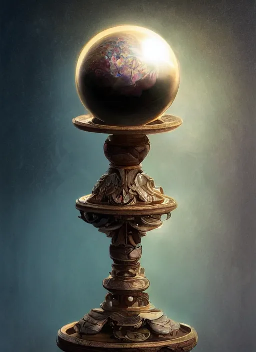 Image similar to crystal ball on a wood stand with a beautiful dreamscape inside, studio product photography, centered, super highly detailed, professional digital painting, artstation, concept art, smooth, sharp focus, extreme illustration, unreal engine 5, photorealism, beautiful, cinematic, art by artgerm and rutkowski and alphonse mucha and loish and wlop