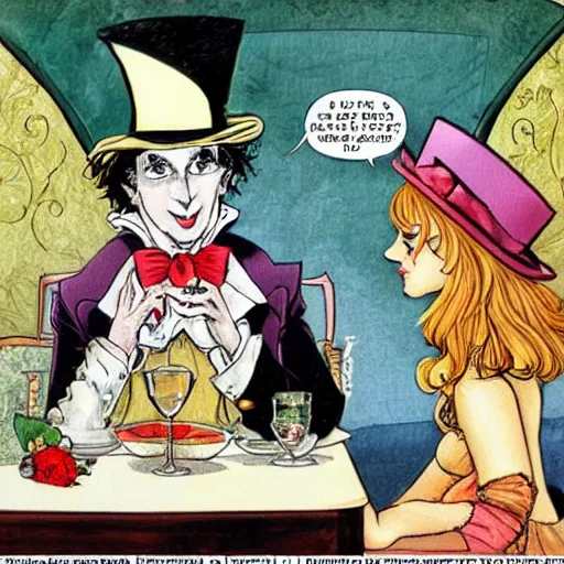 Image similar to The Mad hatter is on a date with Alice, Milo Manara style