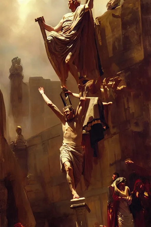 Image similar to beautiful oil painting portrait of ancient roman god emperor steve buscemi hovering in the air wearing the civic crown levitating and ascending in stations of the cross pose, art by anders zorn, wonderful masterpiece by greg rutkowski, expressive brush strokes, beautiful cinematic light, american romanticism by greg manchess, jessica rossier