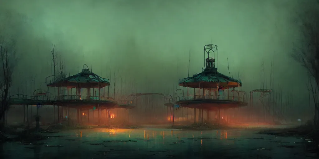 Image similar to concept art of an abandoned amusement park with broken attractions in a swamp at night, grimy, gritty, trending on artstation, award winning painting, cgi, art by ivan aivazovsky and john howe and filip hodas and zhang kechun