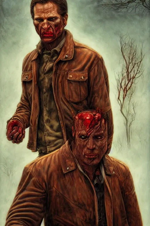 Image similar to a bloody and beaten man in a brown leather jacket in the style of of true detective. art by tomasz alen kopera and glenn fabry.