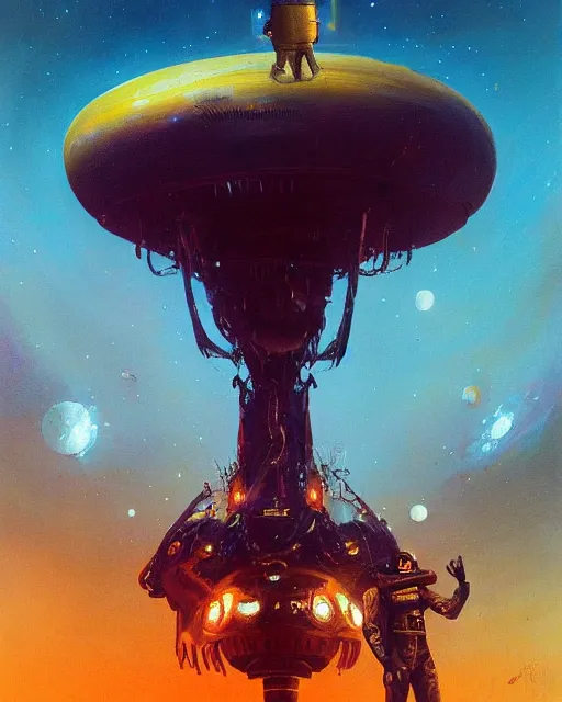 Image similar to a painting of a man standing in front of a giant alien, poster art john berkey and simon stalenhag and gilbert williams, cgsociety, space art, lovecraftian, cosmic horror, poster art