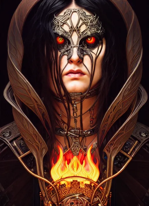 Image similar to portrait of god ares, long straigt black hair,, glowing eyes, volumetric lights, fire, art nouveau botanicals, gothic, intricate, highly detailed, digital painting, artstation, concept art, smooth, sharp focus, symmetric face, illustration, steampunk, art by artgerm and greg rutkowski and alphonse mucha