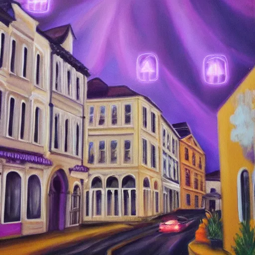 Image similar to hyperrealistic painting of old town, terrifying, purple dim light, ghosts flying from 8 floors building