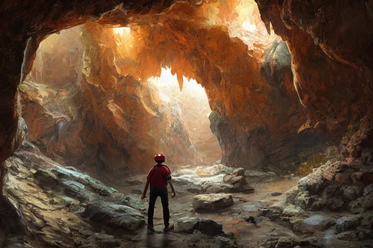 Prompt: a guy with a helmet explores a cave with an art gallery, expressive oil painting, digital art, gallery in a cave, by dan mumford, by greg rutkowski, volumetrics, octane render
