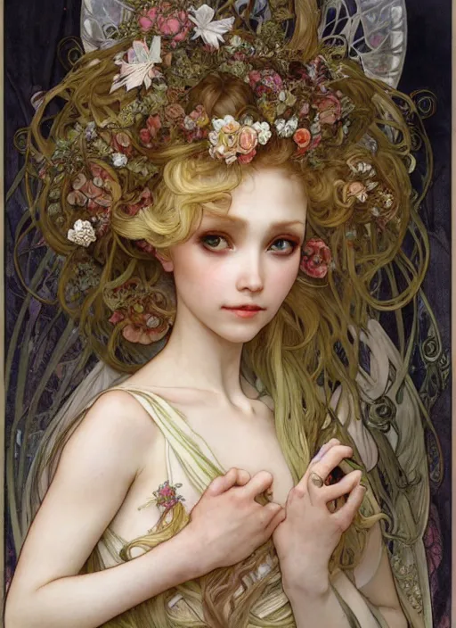 Prompt: highly detailed portrait of fairy doll in the style of Nicoletta Ceccoli, by Alphonse Mucha, Ayami Kojima, Yoshitaka Amano, Charlie Bowater, Karol Bak, Greg Hildebrandt, Jean Delville, and Mark Brooks, 4k resolution,