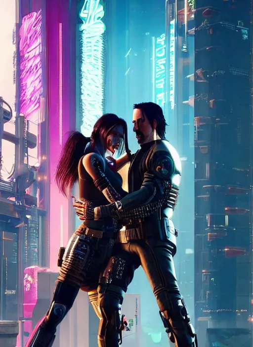 Image similar to a cyberpunk 2077 couple portrait of a Keanu Reeves as johnny silverhand and a female android in final kiss,couple pose,love,fantasy, intricate, elegant,by Alex Horley,Heather Theurer,aaron horkey,Greg Rutkowski,artstation,deviantart,FAN ART,Digital painting,face enhance,highly detailed,8K,octane,golden ratio,cinematic lighting