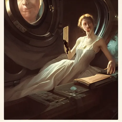 Prompt: a nineteenth - century woman with an uncovered breast holding a scorpion in his hand, inside a spaceship with the earth rom the porthole, highly detailed, concept art, art by wlop and artgerm and greg rutkowski, masterpiece, trending on artstation, 8 k