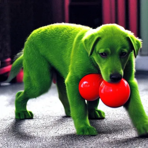 Prompt: a green dog playing with a red ball