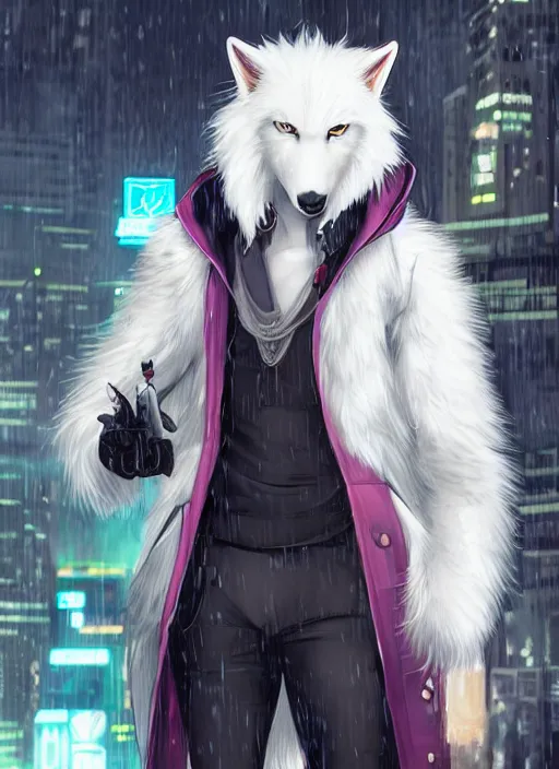 Image similar to character portrait of a male anthro white wolf fursona with a tail and a cute beautiful attractive furry face wearing stylish cyberpunk clothes in a cyberpunk city at night while it rains. hidari, color page, tankoban, 4K, tone mapping, Akihiko Yoshida.