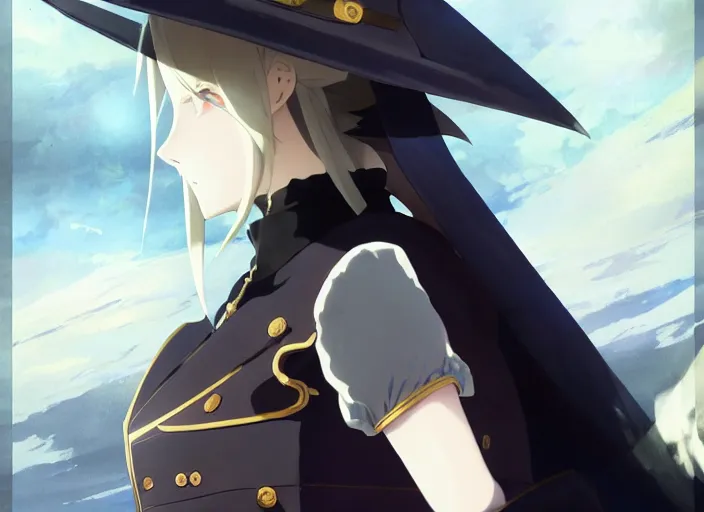 Image similar to side portrait of lady maria, helm of second world war warship in background, illustration concept art anime key visual trending pixiv fanbox by wlop and greg rutkowski and makoto shinkai and studio ghibli and kyoto animation, symmetrical facial features, astral witch clothes, dieselpunk, golden details, gapmoe yandere grimdark, volumetric lighting, backlit