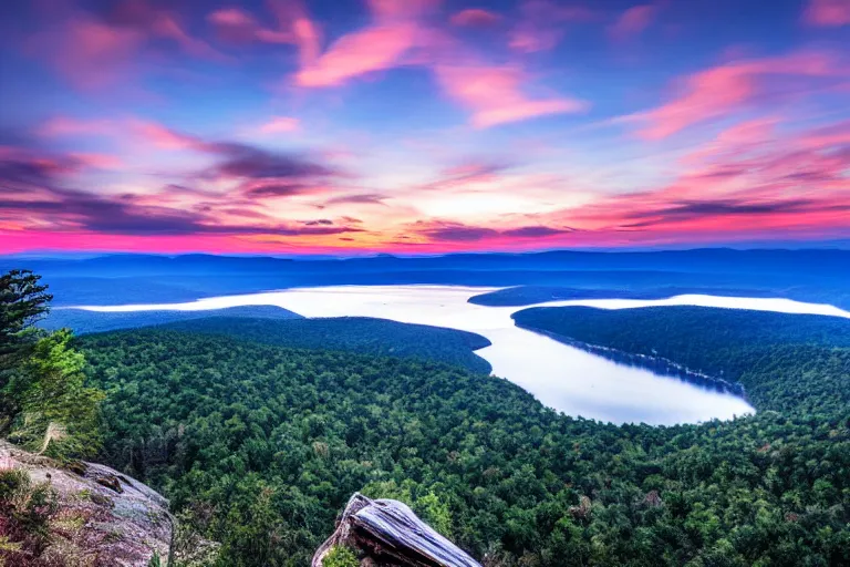 Prompt: beautiful nighttime landscape photography of the Ouachita Mountains with a crystal blue lake, serene, dramatic lighting.