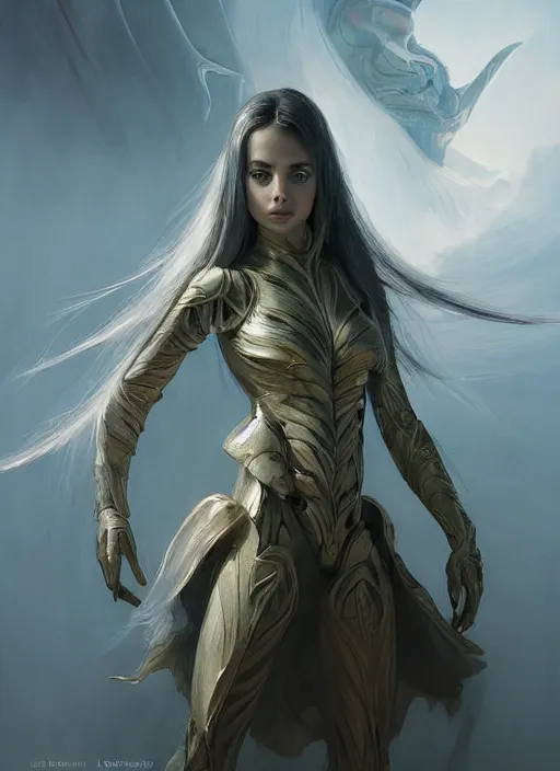 Image similar to a professional painting of a beautiful young female alien, clothed in ethereal armor, olive skin, long dark hair, beautiful bone structure, symmetrical facial features, intricate, elegant, digital painting, concept art, smooth, sharp focus, illustration, from Valerian and the City of a Thousand Planets, by Ruan Jia and Mandy Jurgens and Artgerm and William-Adolphe Bouguerea