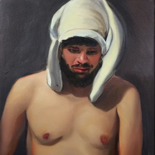 Prompt: A handsome man with a pair of pants around his head, oil on canvas