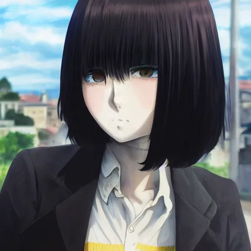 Image similar to 1 7 - year - old pale - skinned anime girl with black long bob cut, long bangs, black gothic jacket, black jeans, running through italian town, yellow sunshine, sepia sun, strong lighting, strong shadows, vivid hues, ultra - realistic, sharp details, subsurface scattering, intricate details, hd anime, 2 0 1 9 anime