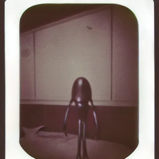 Image similar to polaroid photograph of an alien standing at the end of a bed in a dark room, 1 9 5 0 s