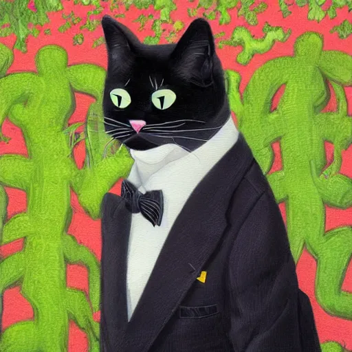 Prompt: a cat with a monocle and a suit in the style of wlop, portrait, overgrown by plants. this oil painting by the award - winning mangaka has interesting color contrasts, plenty of details and impeccable lighting