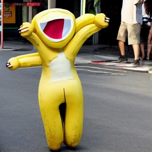 Prompt: a full body banana with legs and arms wearing an emma stone mask