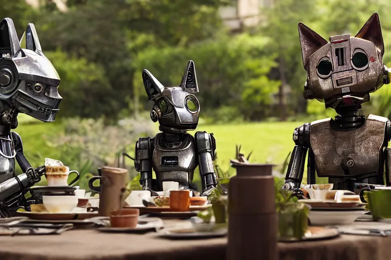 Image similar to film still from the movie chappie of the robot chappie shiny metal outdoor park plants garden scene bokeh depth of field several figures sitting down at a table having a tea party furry anthro anthropomorphic stylized cat ears wolf muzzle head android service droid robot machine fursona