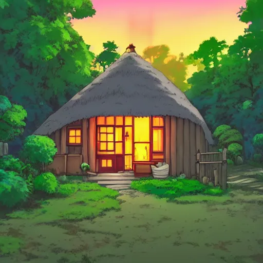 Image similar to a cozy cottage in an overgrown forest, anime, cartoon, studio Ghibli style, golden hour