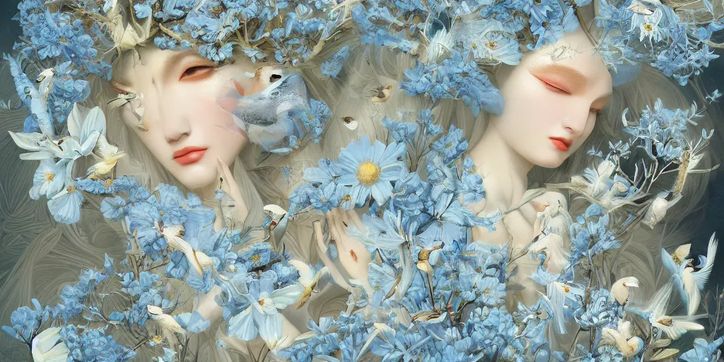 Image similar to breathtaking detailed concept art painting art deco pattern of blonde faces goddesses amalmation light - blue flowers with anxious piercing eyes and blend of flowers and birds, by hsiao - ron cheng and john james audubon, bizarre compositions, exquisite detail, extremely moody lighting, 8 k