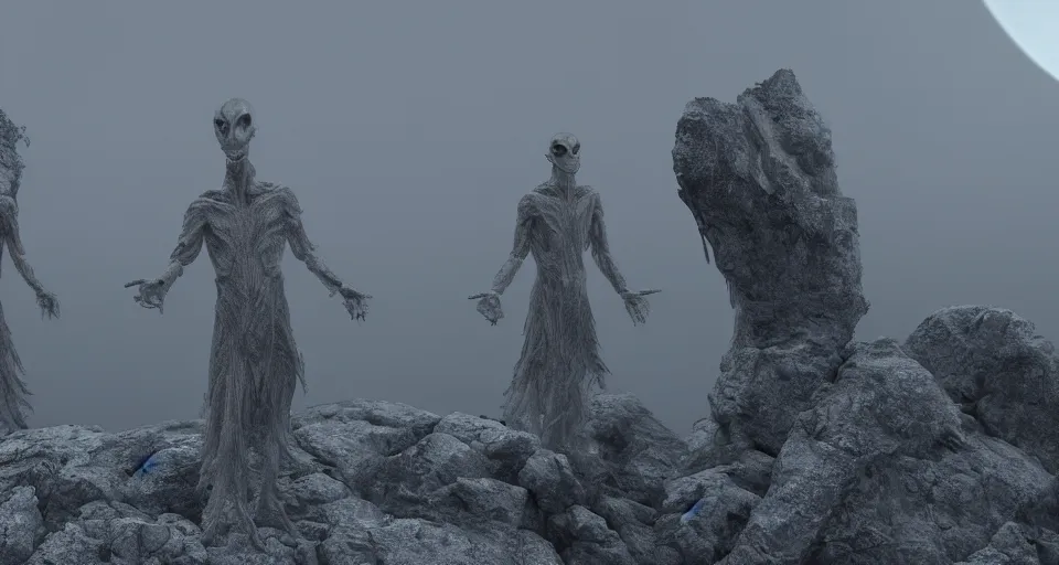 Prompt: a photo of humanoid aliens! wearing robes on a foggy mountain, octane render, unreal engine