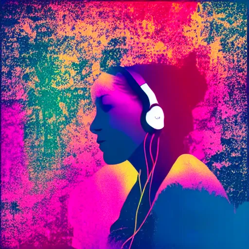 Prompt: crazy abstract full shot photo of a girl in headphones sitting near the lake of musical notes, Lomo colors, bleach bypass, vector art