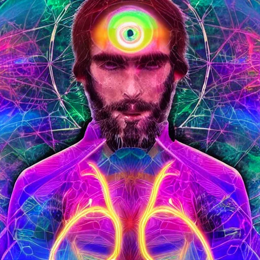 Image similar to a psychedelic cosmic mystic poet in the metaverse, his job is to digitize emotions for new constructions and virtual and artificial creations