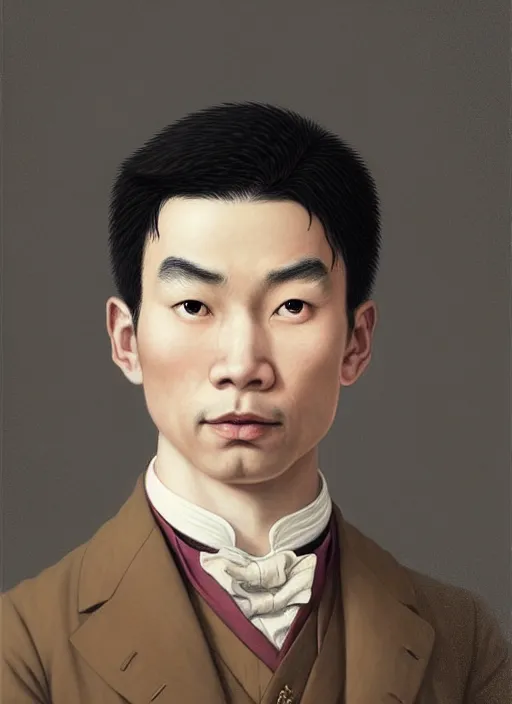 Image similar to a portrait of a young asian man with a crooked nose in victorian clothing, confident pose, intricate, elegant, sharp focus, illustration, highly detailed, concept art, matte, trending on artstation, anime, art by james jean and artgerm and brian despain and alberto mielgo, greg rutkowski, wlop, ilya kuvshinov, strong strokes