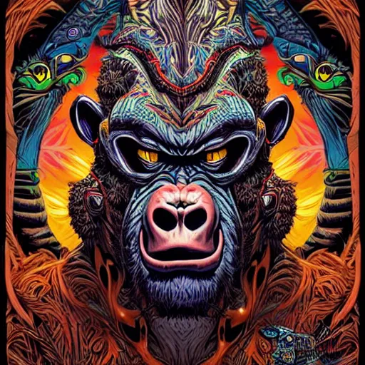 Image similar to barong family member, wiwek, mara demon, one single tribe member, jungle, one single mask, dark, ancient warrior, gorilla, lizard, tribal, inner glow, art by dan mumford and justin gerard