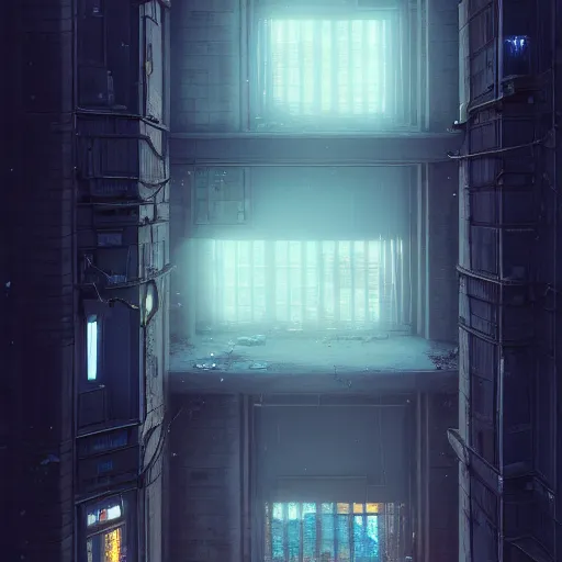 Image similar to One dilapidated building with only one window glowing. ArtStation, Cyberpunk, Vertical Symmetry, 8K, Highly Detailed, Intricate, Album Art.