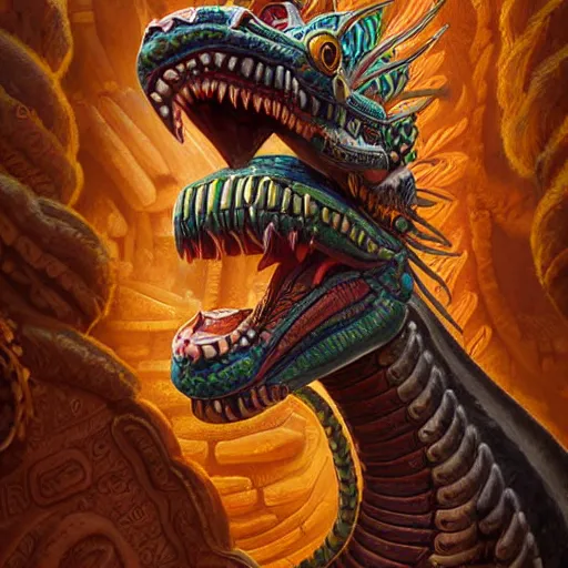 Image similar to digital painting of mayan feathered serpent god, by filipe pagliuso and justin gerard, fantasy, highly detailed, intricate, sharp focus, tarot card, serpent head, fangs