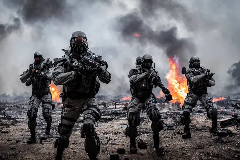 Prompt: Mercenary Special Forces sci-fi soldiers in futuristic grey uniforms with black armored vest and black helmets assaulting a burning exploding devastated battlefield, Canon EOS R3, f/1.4, ISO 200, 1/160s, 8K, RAW, unedited, symmetrical balance, in-frame, combat photography, colorful