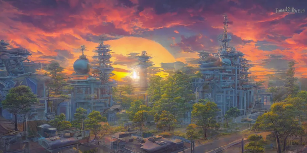 Image similar to fusion reactor, wonderous and magical, in an urban setting, sunset, by Studio Ghibli, Ivan Shishkin and Greg Rukowski