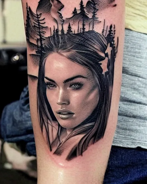 Image similar to creative double exposure effect tattoo design sketch of megan fox faded in beautiful mountain scenery, realism tattoo, in the style of matteo pasqualin, amazing detail, sharp