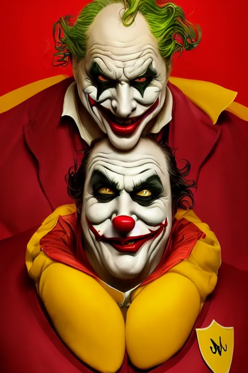 Prompt: a very fat sinister looking joker dressed in yellow and red rubber latex Ronald Macdonalds costume, fantasy, intricate and very very beautiful and elegant, highly detailed, digital painting, artstation, concept art, smooth and sharp focus, illustration, art by tian zi and WLOP and alphonse mucha