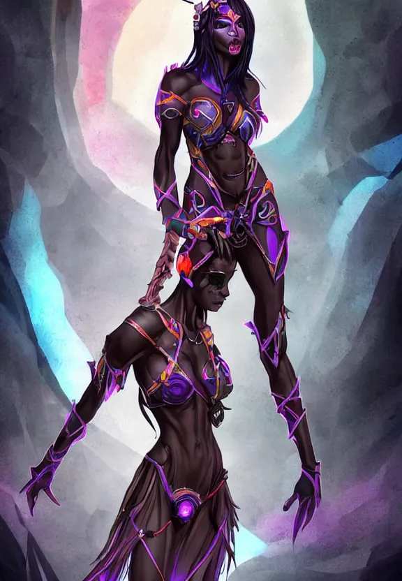 Image similar to dark elf girl colorful concept design art, symmetrical, short dress, glowing eyes, detailed body, full body, detailed face, ultradetailed digital illustration, 8 k, epic atmosphere, digital art by simon cowell and moebius