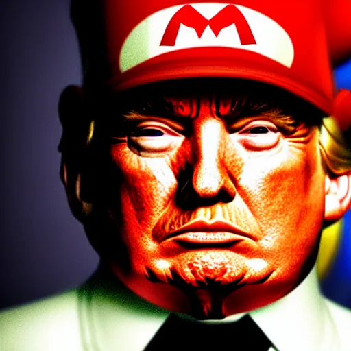 Prompt: uhd candid photo of hyperdetailed photorealistic donald trump dressed as super mario. correct face, cinematic lighting, photo by annie leibowitz, and steve mccurry.