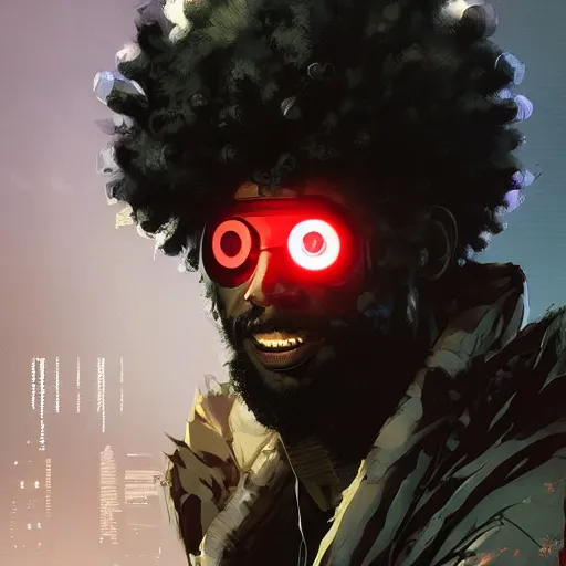 Image similar to afro samurai with robotic eyes in a cyberpunk style, Apex Legends character, digital illustration portrait design, by android jones and greg rutkowski, retrowave color scheme, detailed, cinematic lighting, wide angle action dynamic portrait